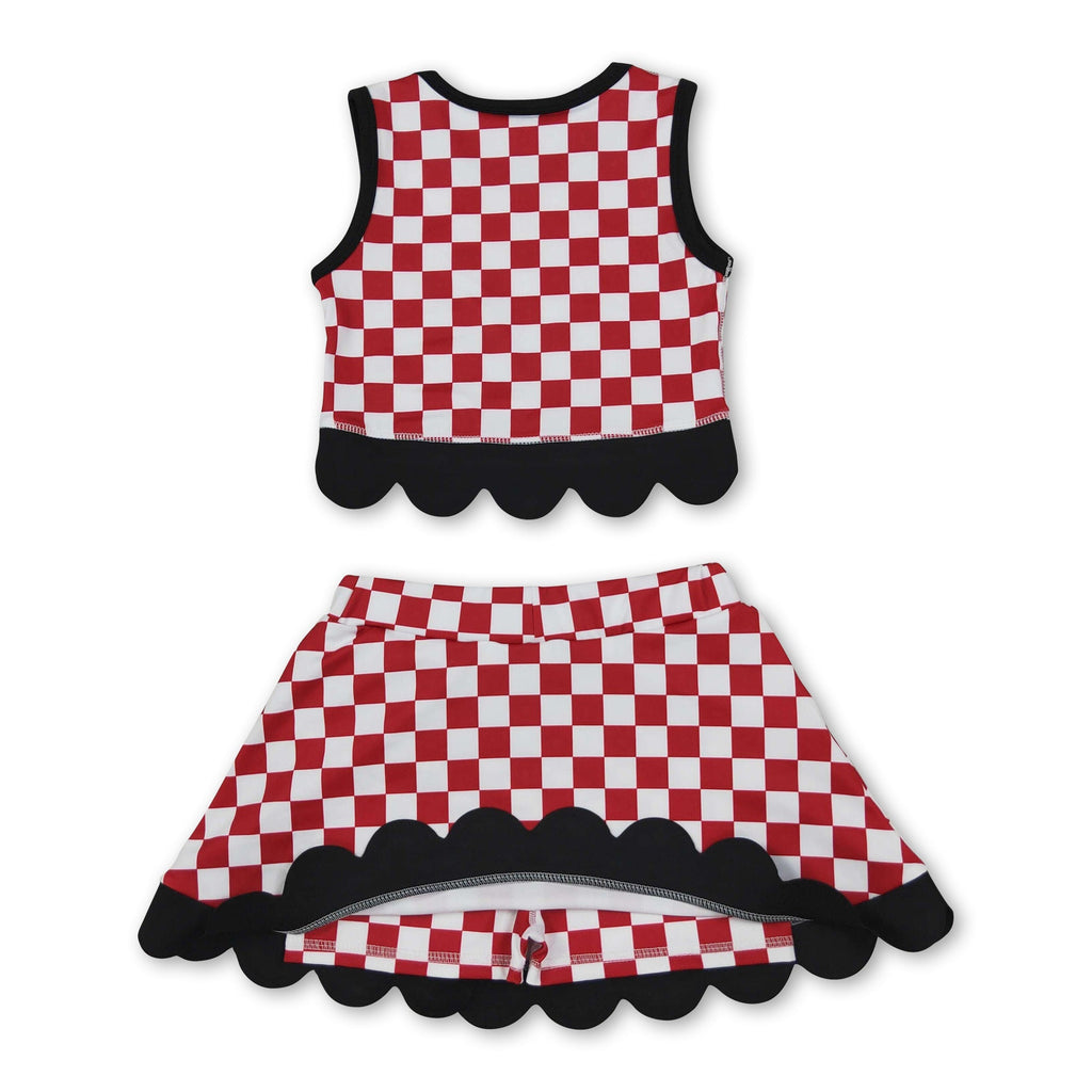 Sleeveless red G plaid scallop girls team active wear set