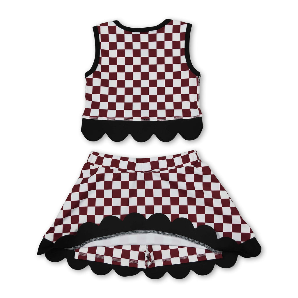 Sleeveless maroon C plaid scallop girls team active wear set