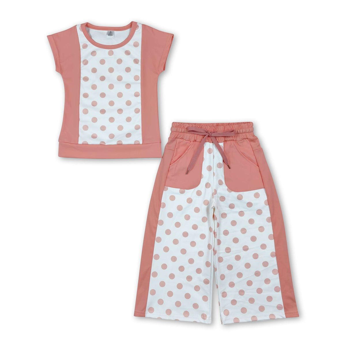 Short sleeves orange polka dots top pants girls outfits