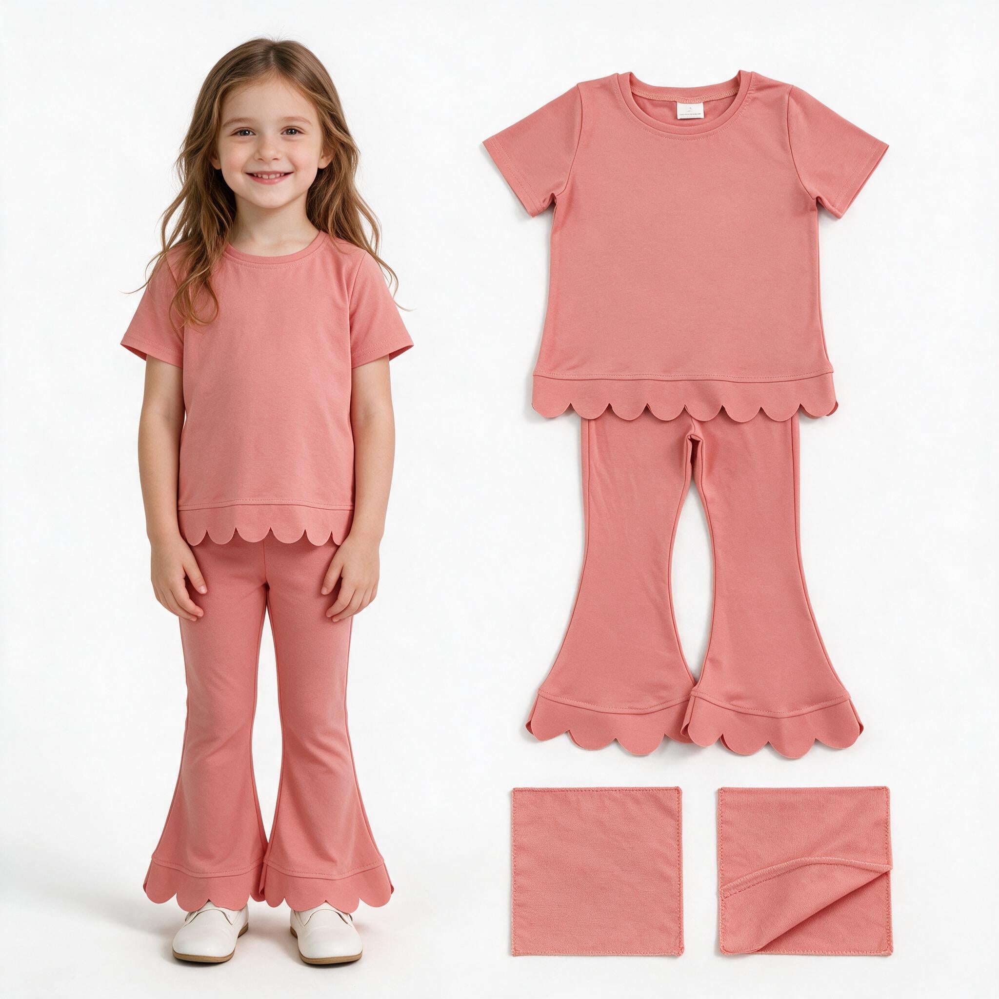 Short sleeves peach scallop cotton top pants girls outfits