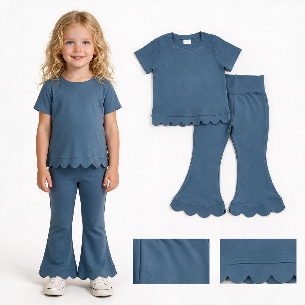Short sleeves scallop blue cotton top pants girls outfits