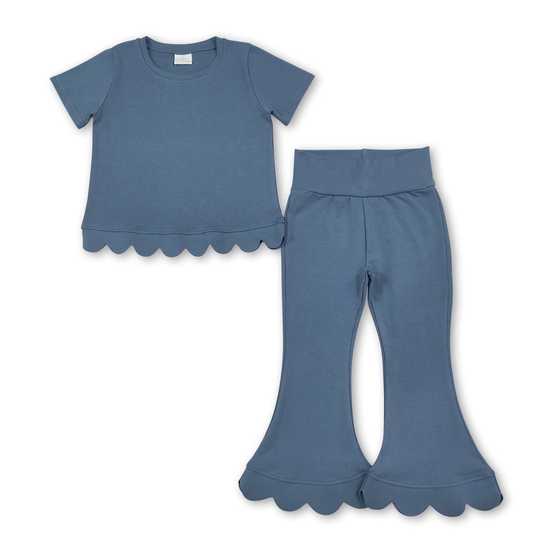 Short sleeves scallop blue cotton top pants girls outfits