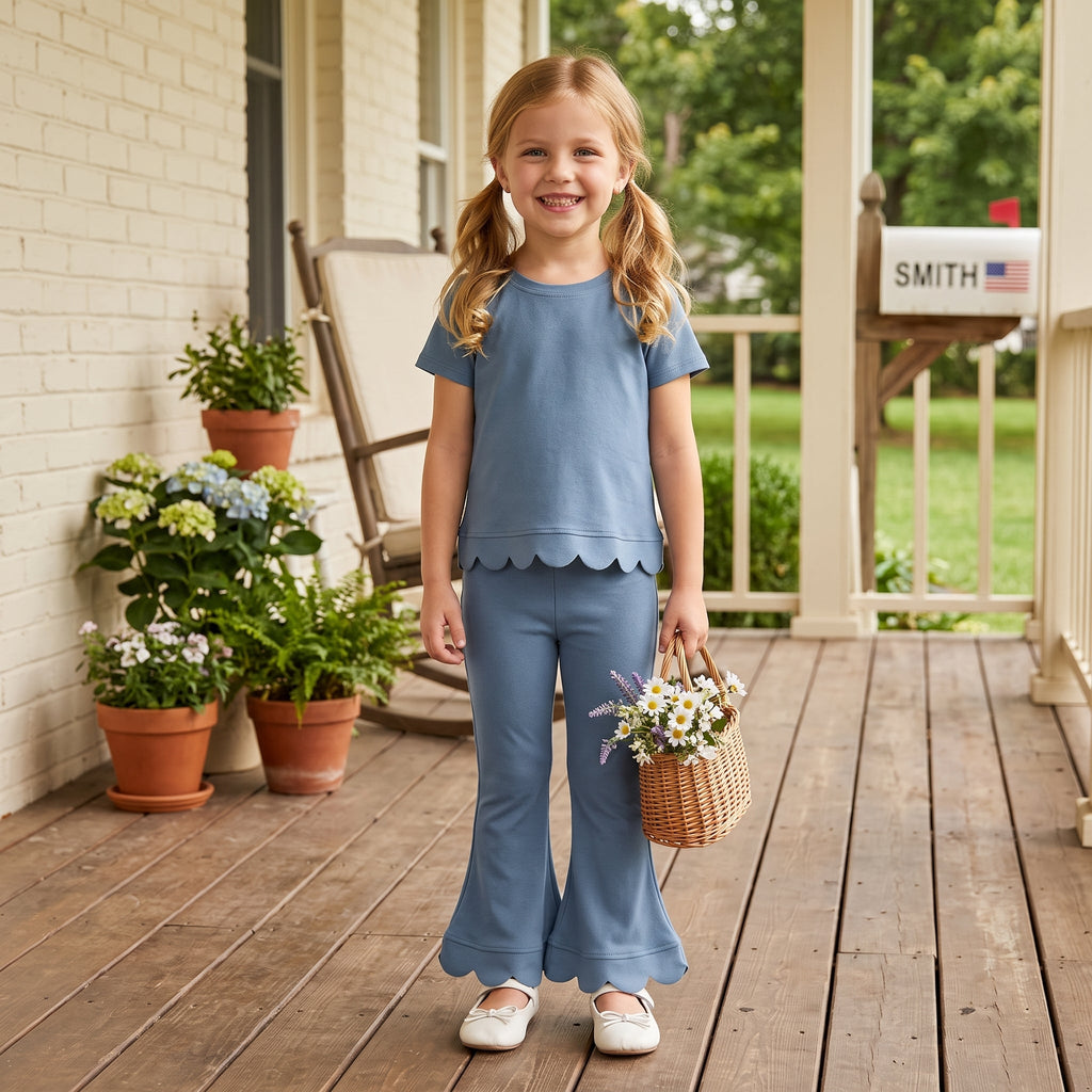Short sleeves scallop blue cotton top pants girls outfits