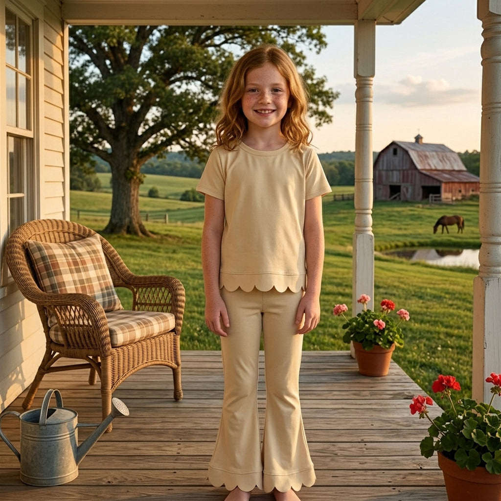 Short sleeves scallop beige cotton top pants girls outfits