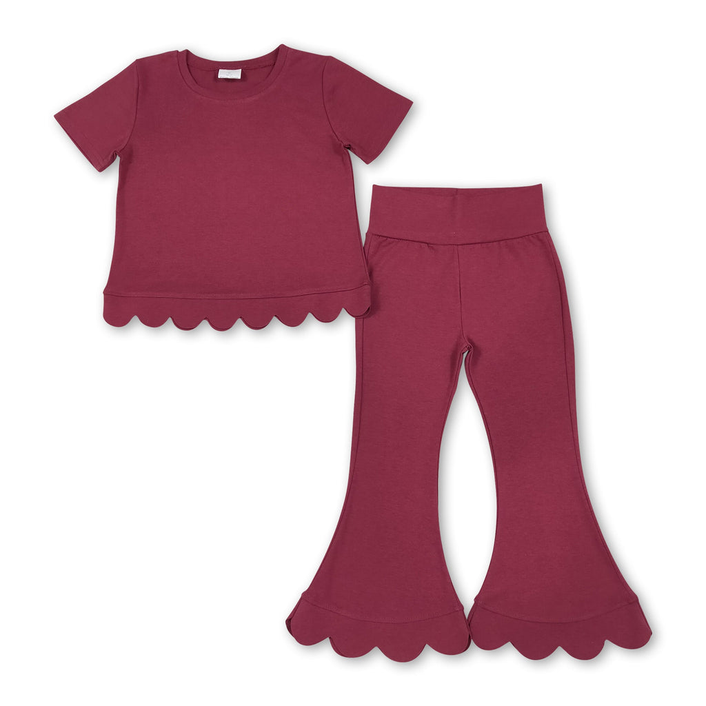 Short sleeves scallop rose red cotton top pants girls outfits