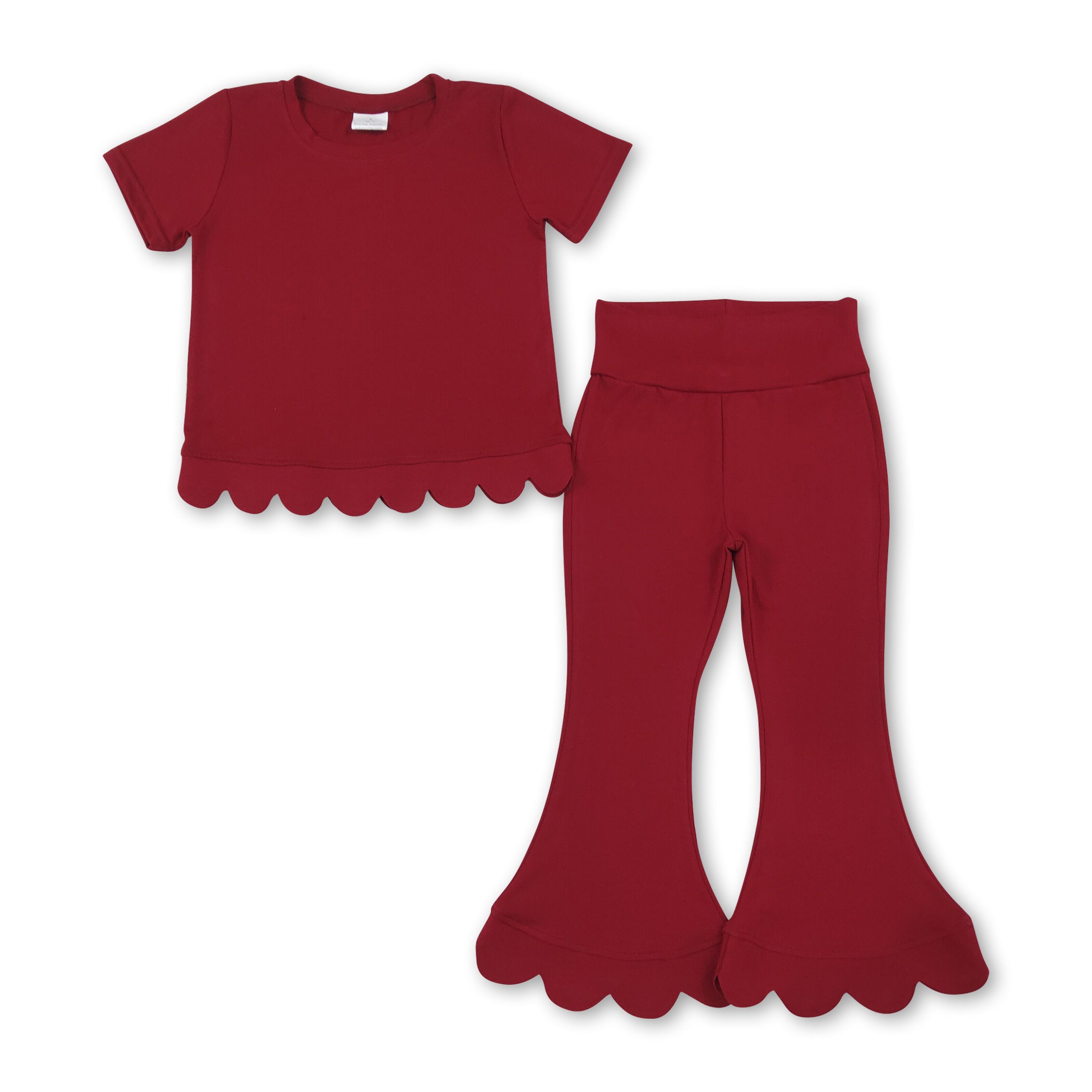 Short sleeves scallop dark red cotton top pants girls outfits