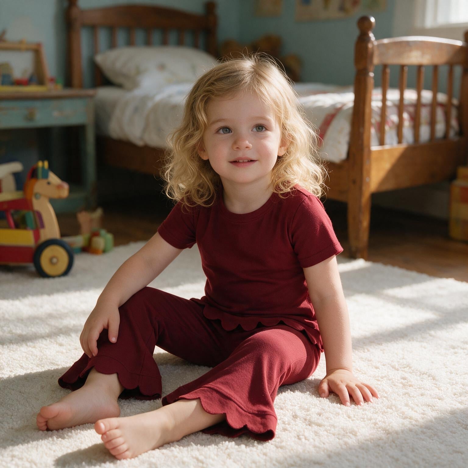 Short sleeves scallop dark red cotton top pants girls outfits