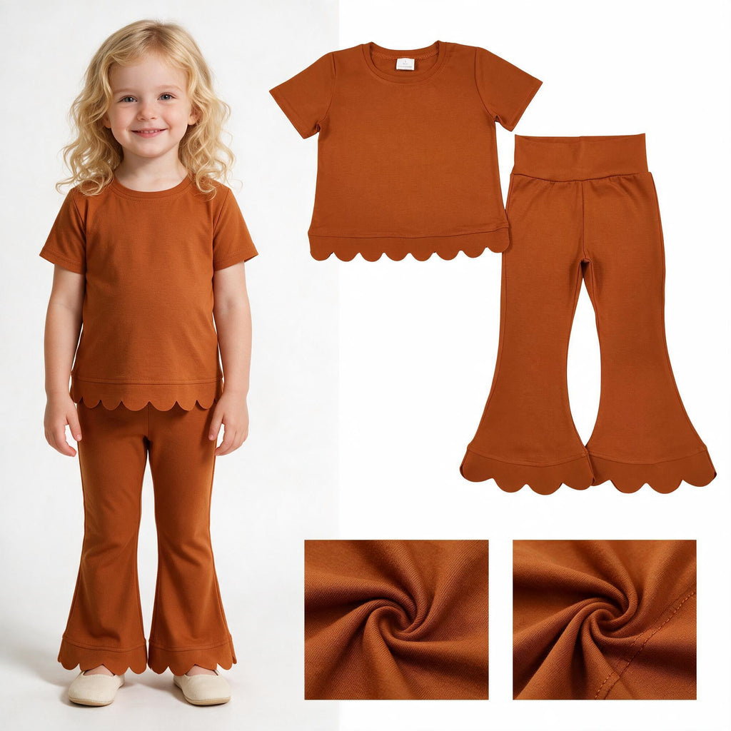 Short sleeves scallop brown cotton top pants girls outfits