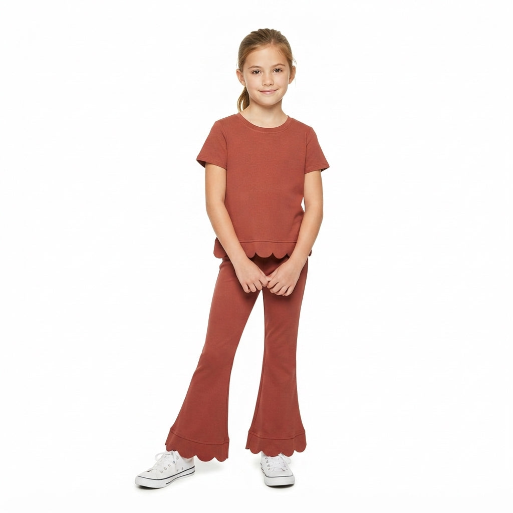 Short sleeves scallop cotton top pants girls fall outfits