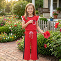 Red polka dots flutter sleeves top pants girls team outfits