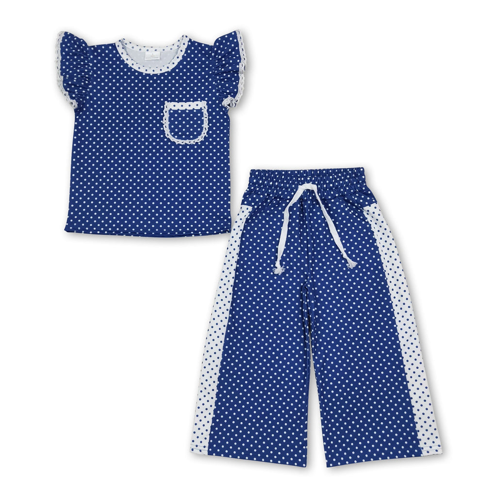Blue polka dots flutter sleeves top pants girls team outfits