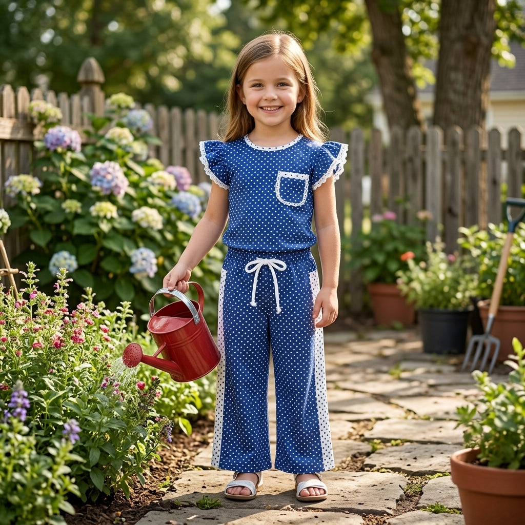 Blue polka dots flutter sleeves top pants girls team outfits