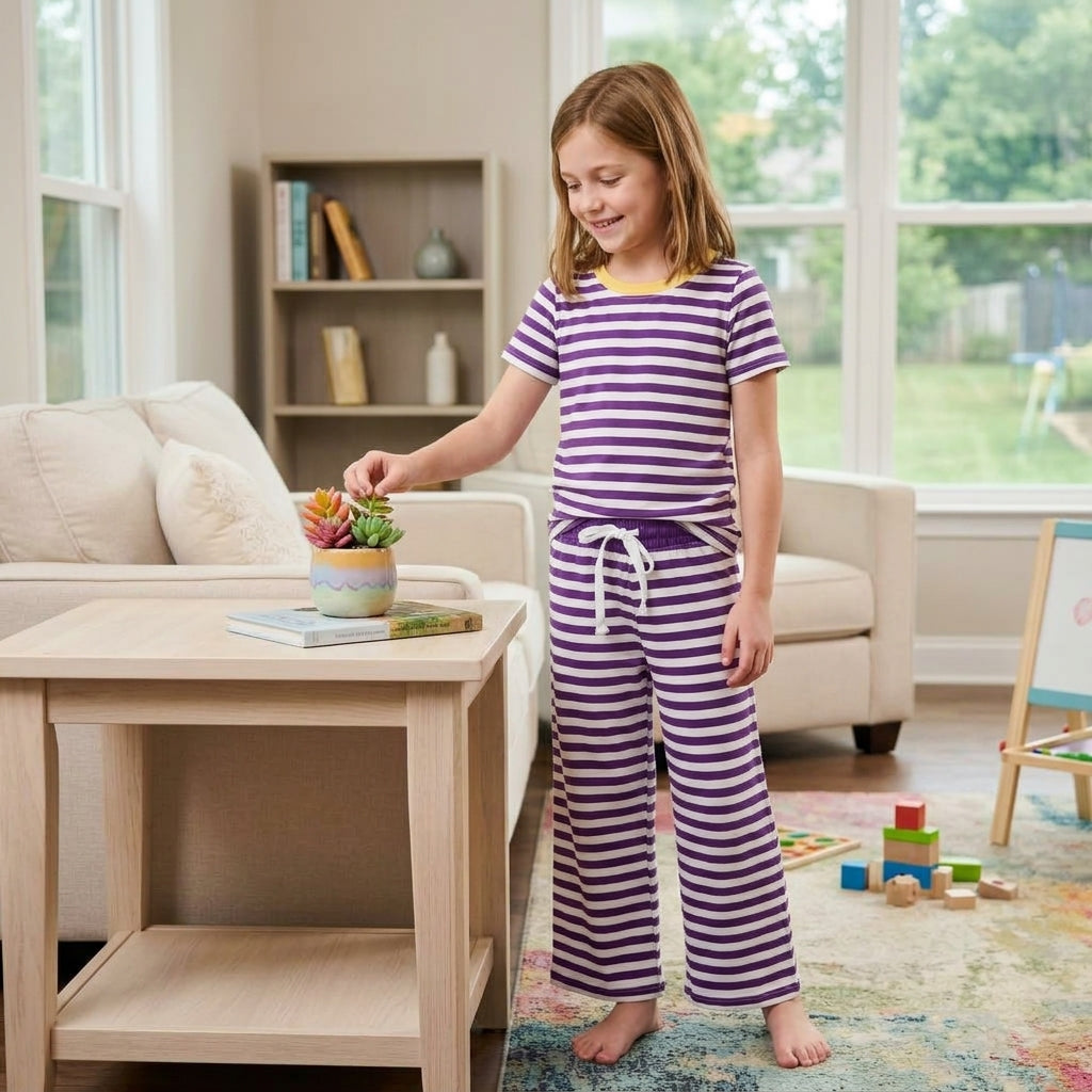 Short sleeves purple stripe top pants girls team outfits