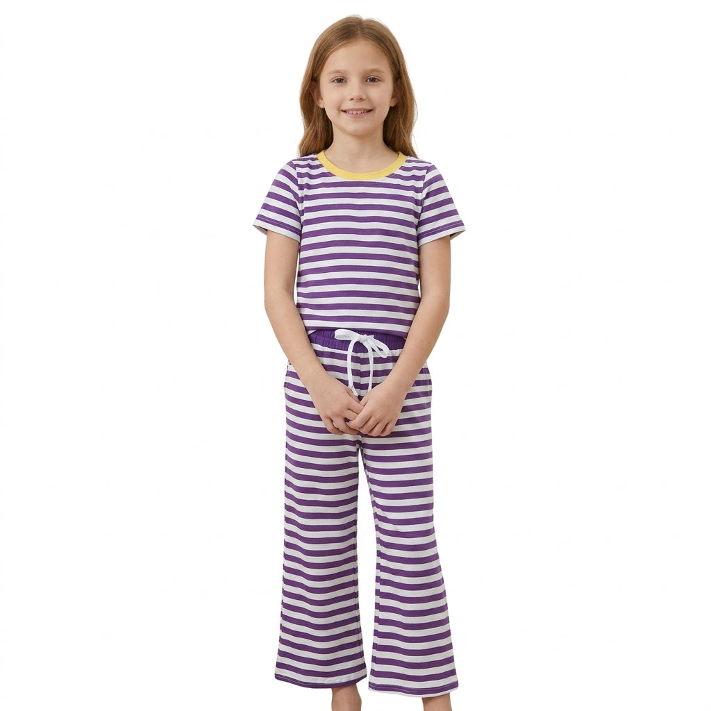 Short sleeves purple stripe top pants girls team outfits
