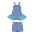 Straps light blue patchwork athletic dress shorts girls active set