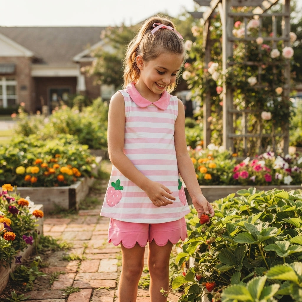 Pink stripe strawberry embroidery scallop girls outfits
