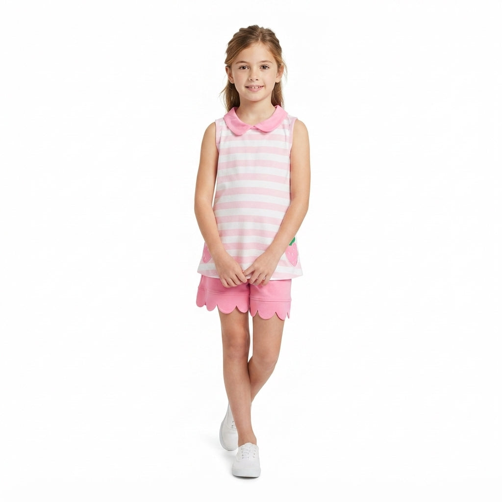 Pink stripe strawberry embroidery scallop girls outfits
