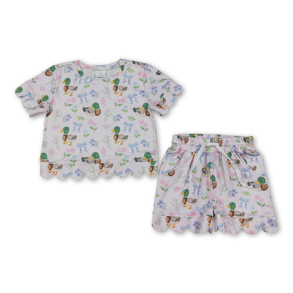 Short sleeves scallop duck floral bow girls summer clothes