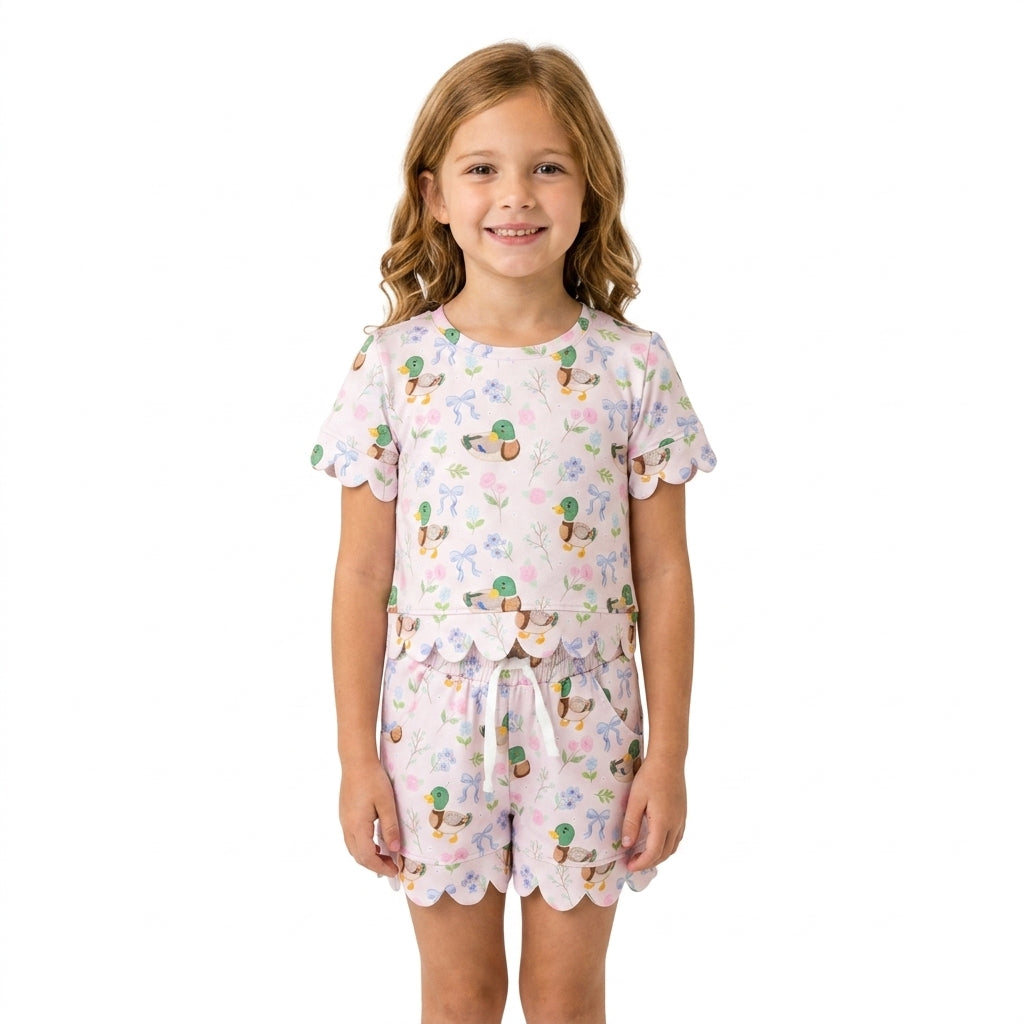Short sleeves scallop duck floral bow girls summer clothes