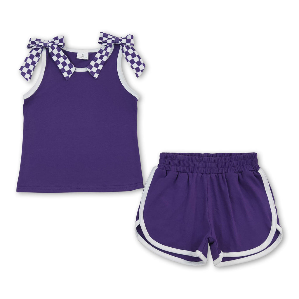 Sleeveless purple plaid bow top shorts team girls outfits