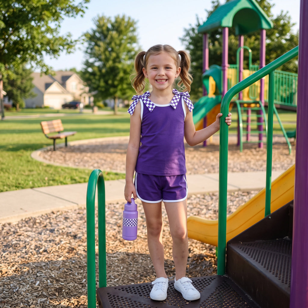Sleeveless purple plaid bow top shorts team girls outfits