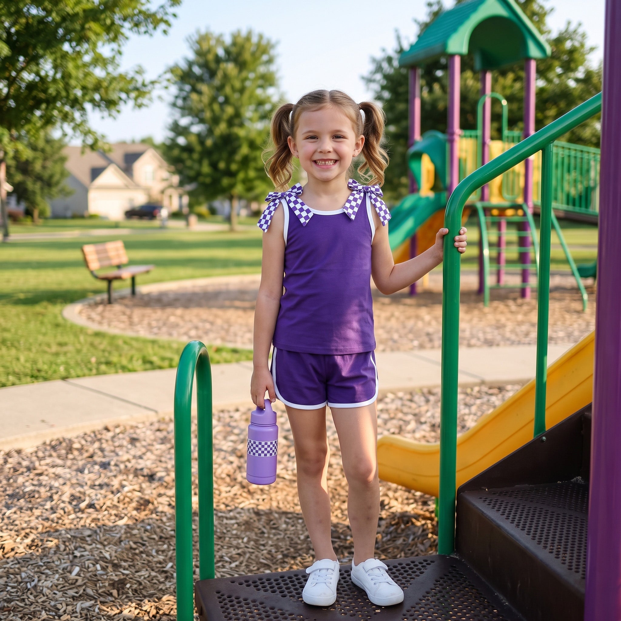 Sleeveless purple plaid bow top shorts team girls outfits