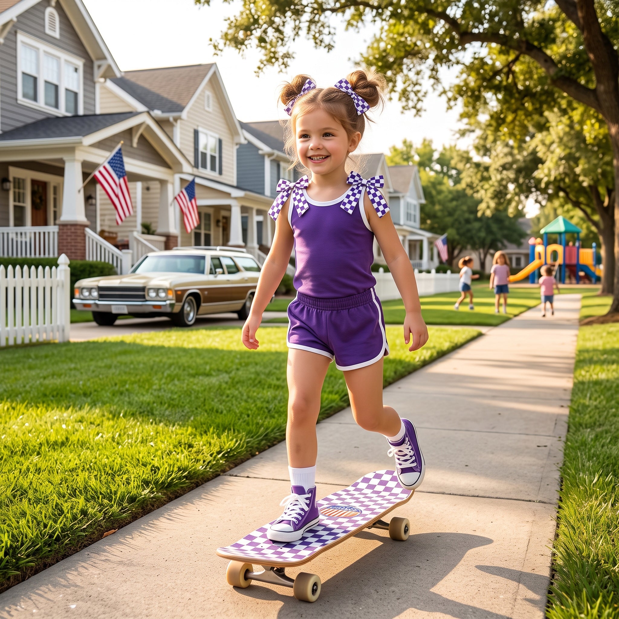 Sleeveless purple plaid bow top shorts team girls outfits