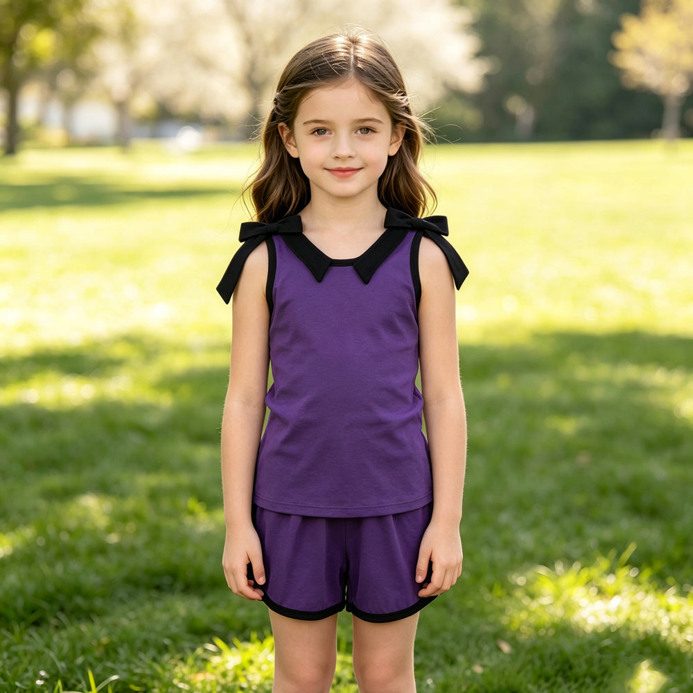 Sleeveless black bow purple top shorts girls outfits