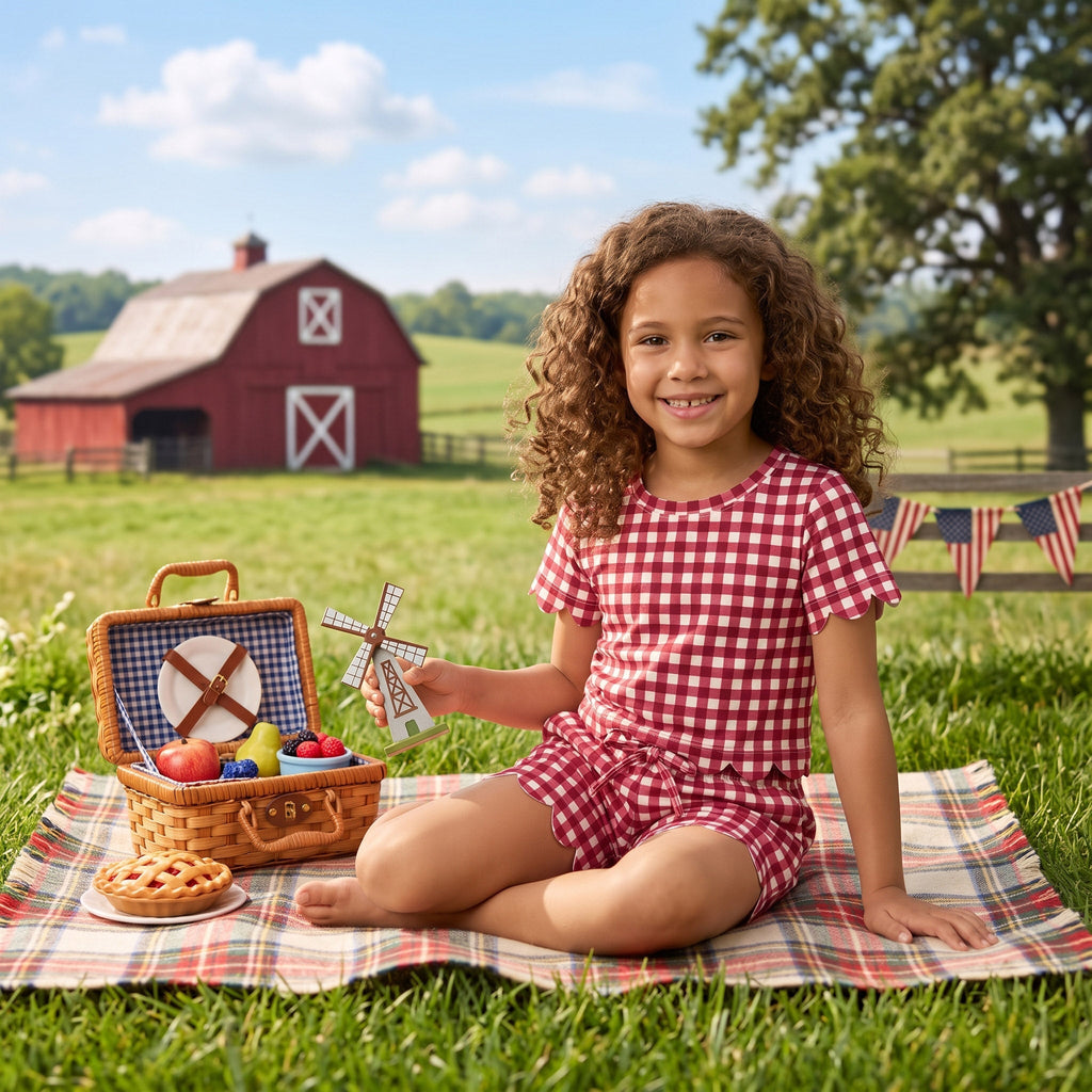 Short sleeves plaid scallop top shorts girls team outfits