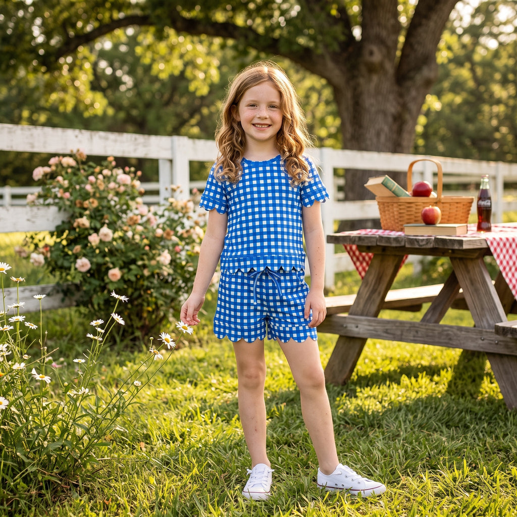 Short sleeves blue plaid scallop top shorts girls team outfits