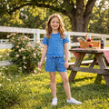 Short sleeves blue plaid scallop top shorts girls team outfits