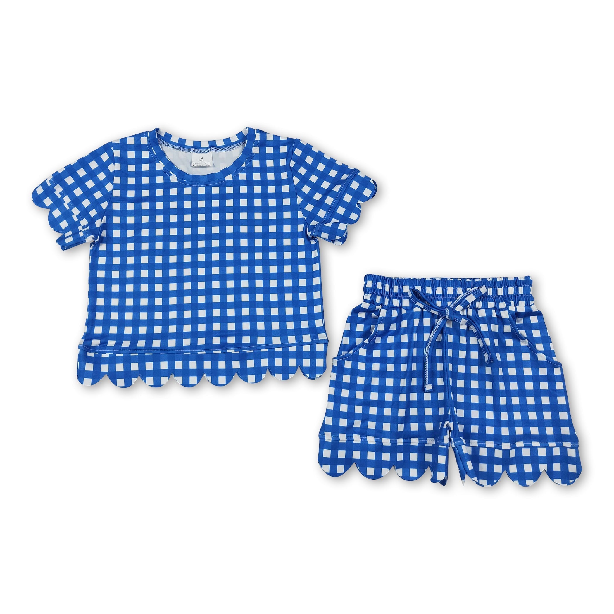 Short sleeves blue plaid scallop top shorts girls team outfits