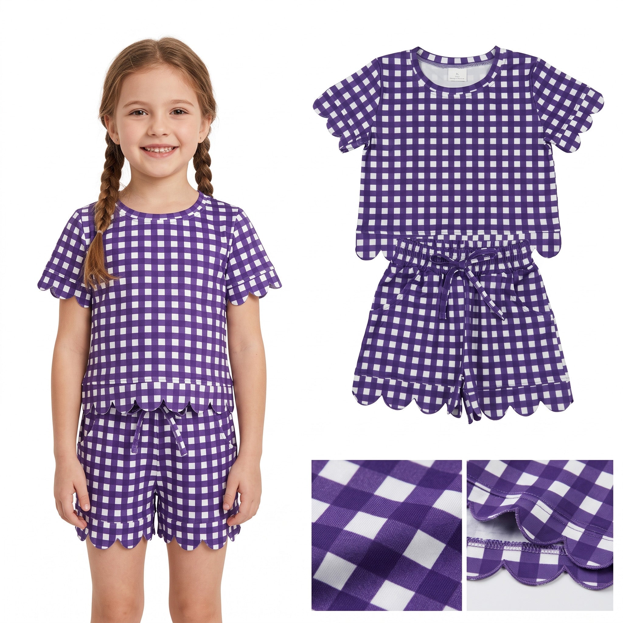 Short sleeves purple plaid scallop top shorts girls team outfits