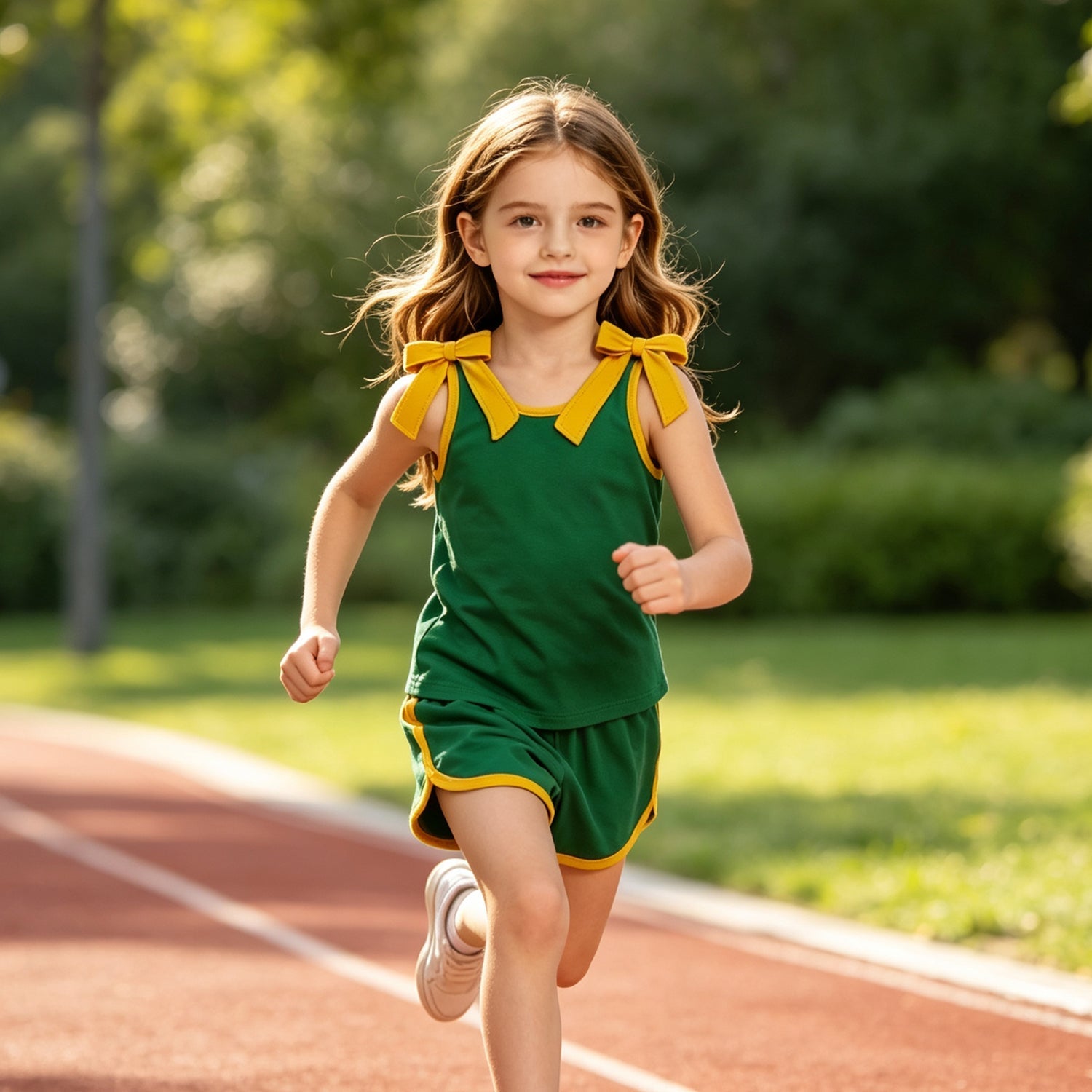 Sleeveless yellow bow green top shorts girls team outfits