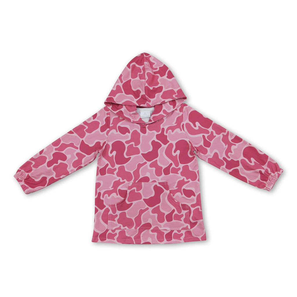 Long sleeves pink camo pocket kids girls hoodie