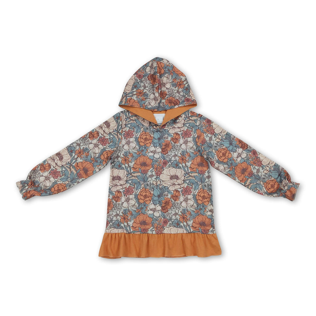 Long sleeves orange ruffle floral girls fall hoodie