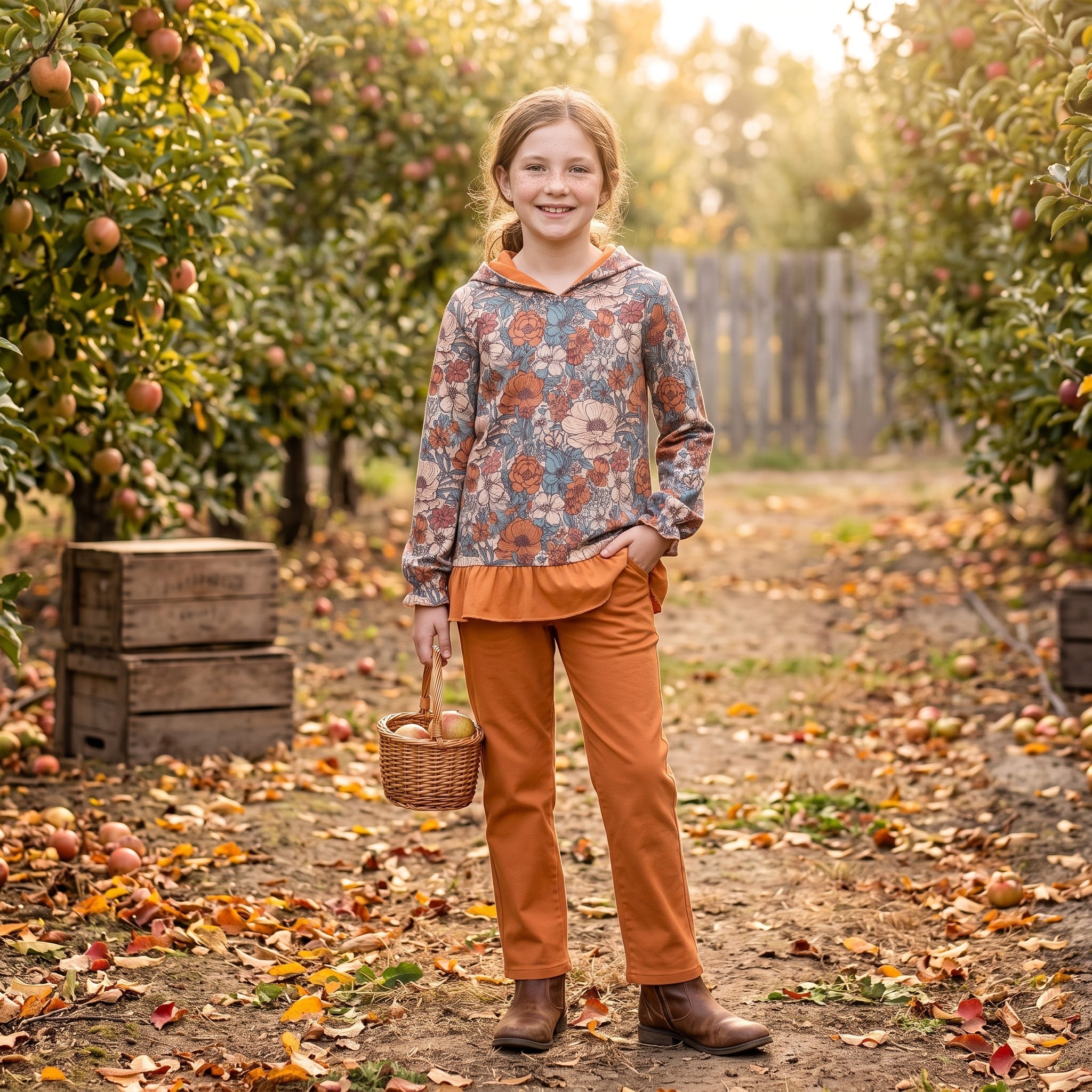 Long sleeves orange ruffle floral girls fall hoodie
