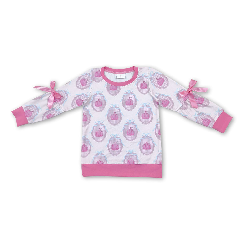 Long sleeves bow pink pumpkin girls fall shirt