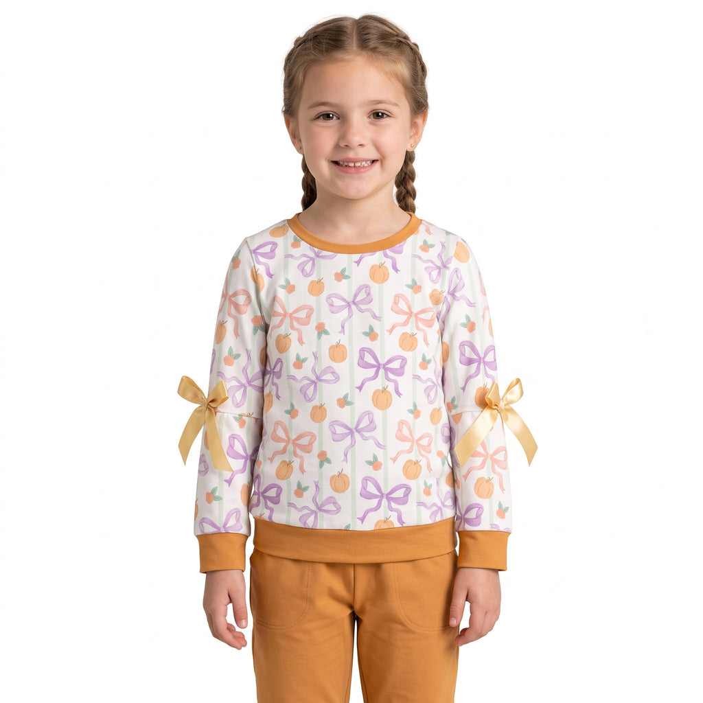 Pink purple bow pumpkin kids girls fall shirt