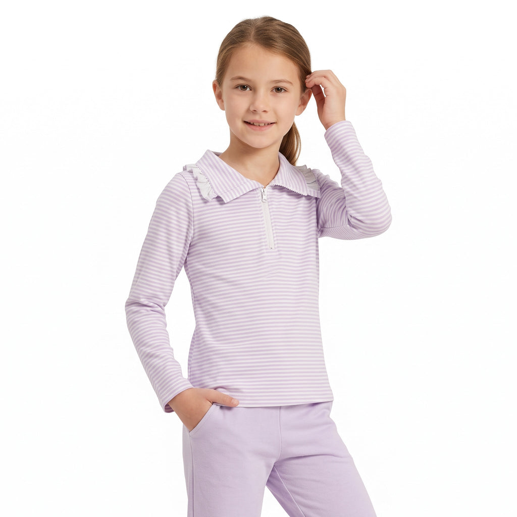 Long sleeves lavender stripe ruffle zipper girls pullover