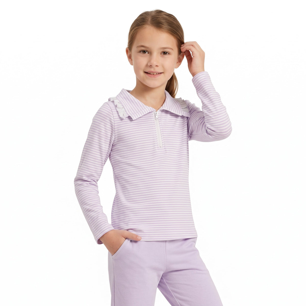 Long sleeves lavender stripe ruffle zipper girls pullover