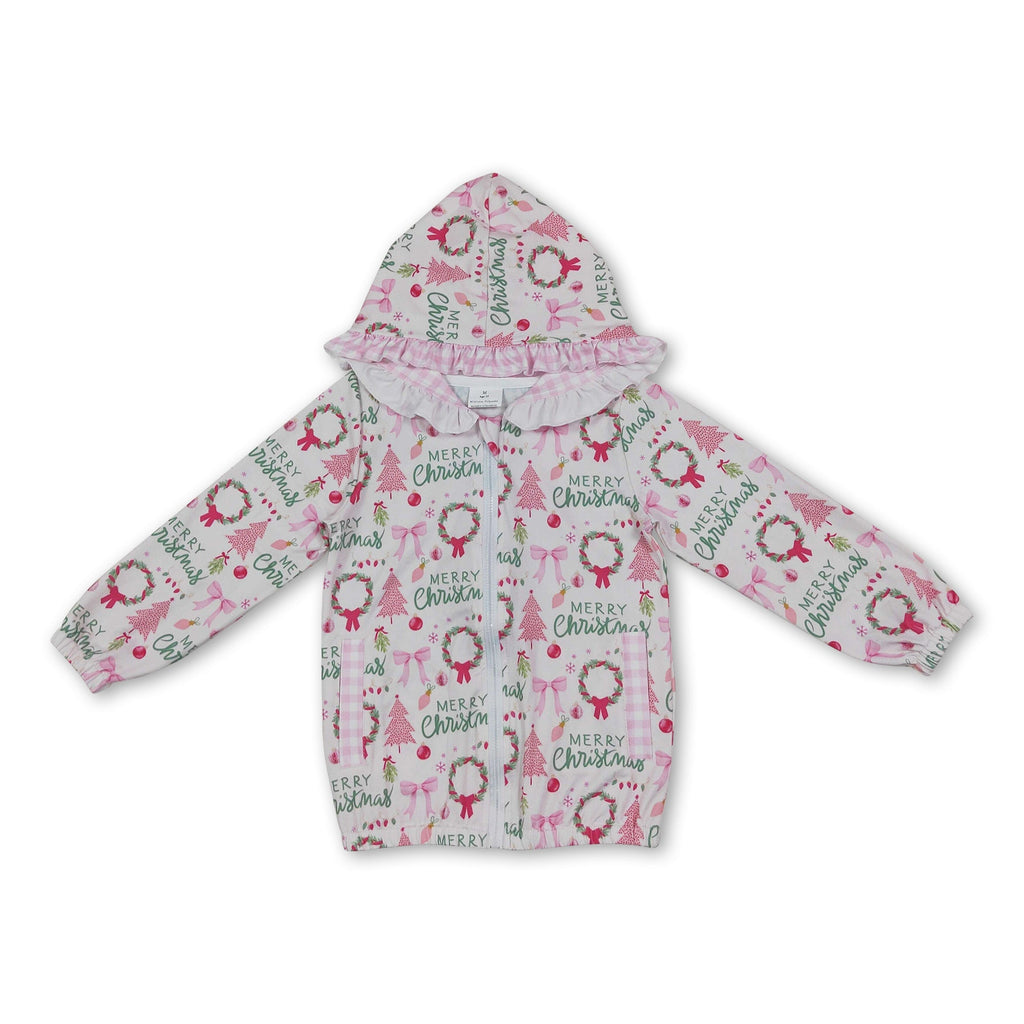 Merry Christmas pink bow kids girls hooded jacket