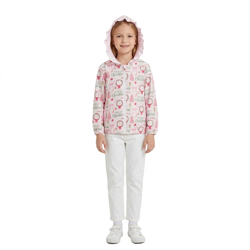 Merry Christmas pink bow kids girls hooded jacket