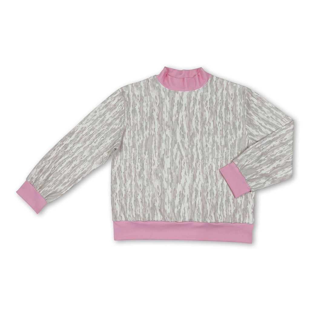 Long sleeves pink mock neck camo women active top