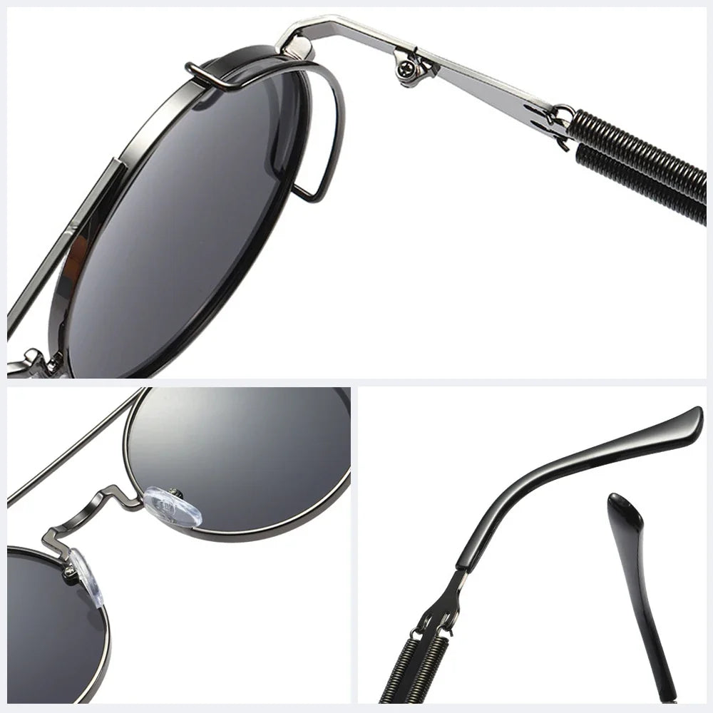 VIVIBEE Steampunk Sunglasses Men Round Red Lens Punk Sun Glasses Black Metal Gothic Style 2026 New Products Women UV400 Shades