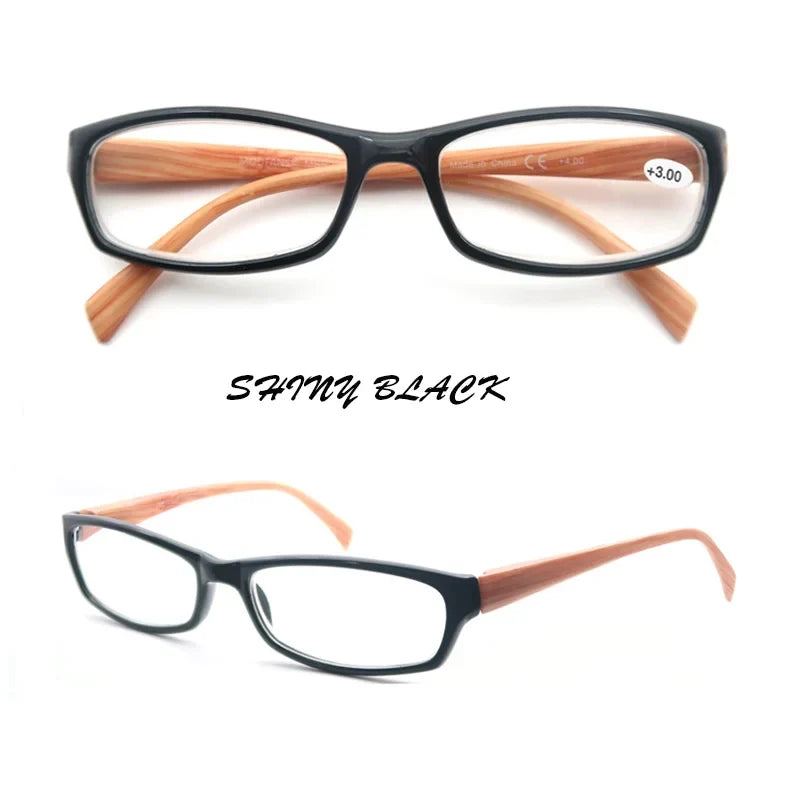 Reading Glasses Women Rectangular Frame Readers Eyeglasses Wood-Look Printed Legs for Mens Presbyopic Glasses +1.0+2.0+3.0+4.0