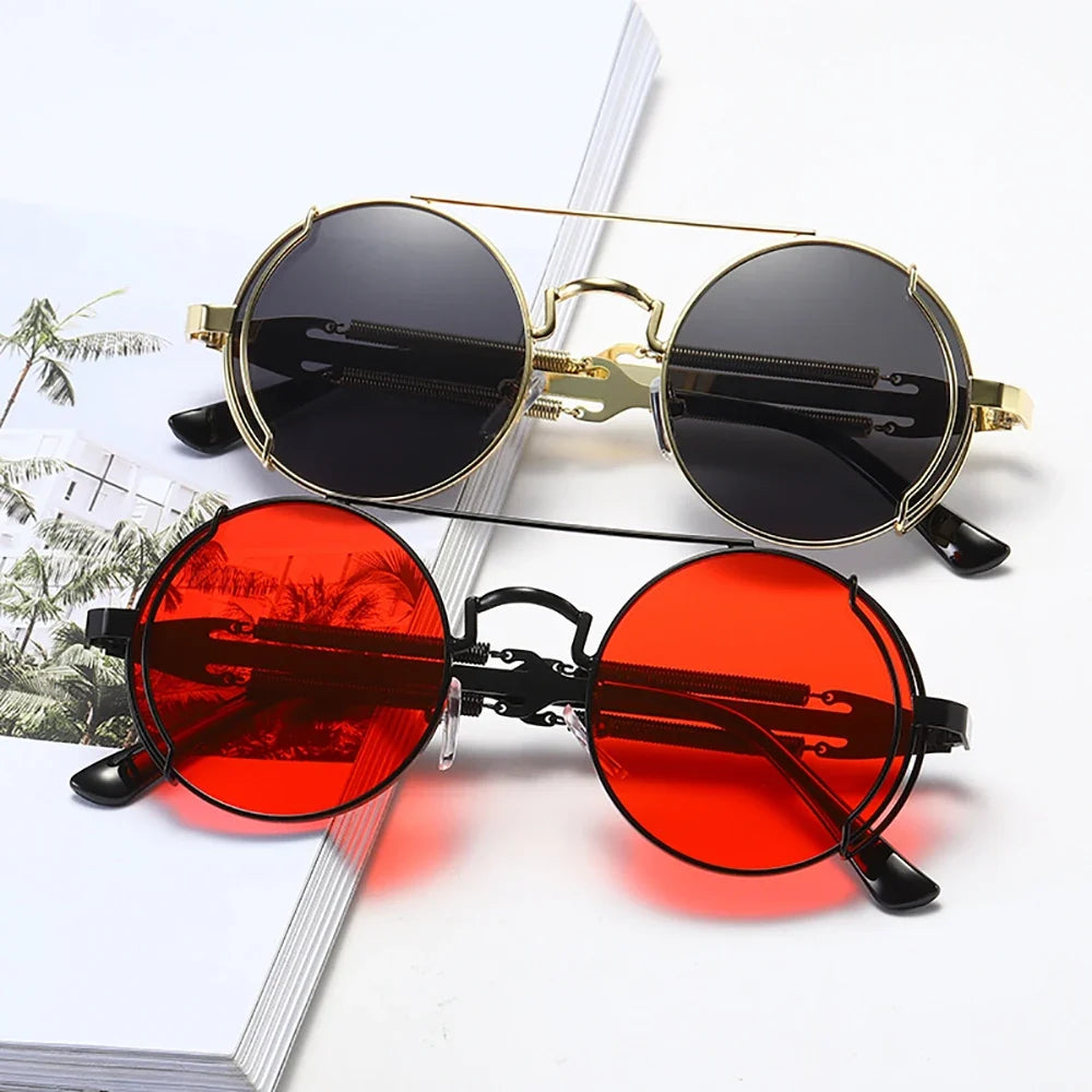 VIVIBEE Steampunk Sunglasses Men Round Red Lens Punk Sun Glasses Black Metal Gothic Style 2026 New Products Women UV400 Shades
