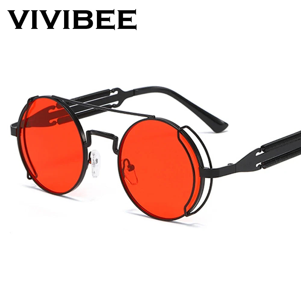 VIVIBEE Steampunk Sunglasses Men Round Red Lens Punk Sun Glasses Black Metal Gothic Style 2026 New Products Women UV400 Shades