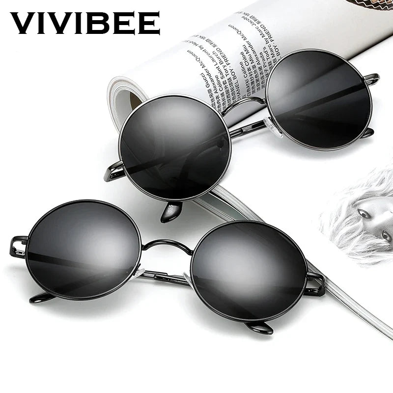 VIVIBEE Classic Polarized Round Metal Sunglasses Casual Sun Glasses for Women Retro UV400 Men Black Shades 2026 Trend Eyewear