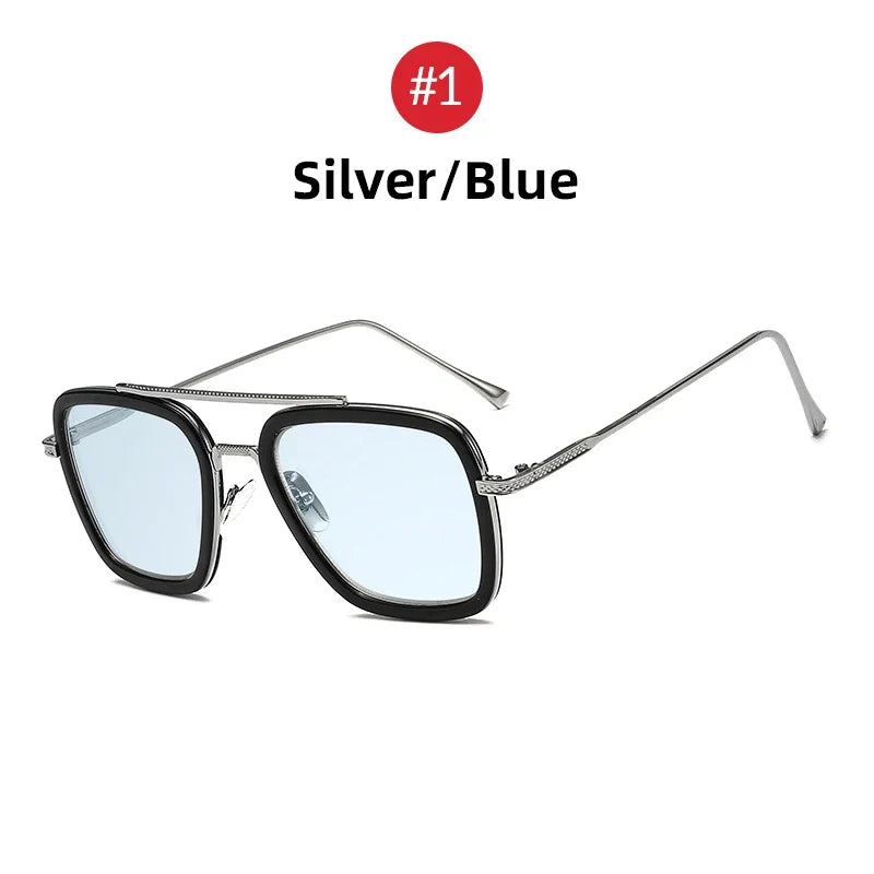 VIVIBEE Retro Square Men Edith Sunglasses Vintage Silver Metal Frame Blue Lens Glasses Fashion Women Steampunk Eyewear